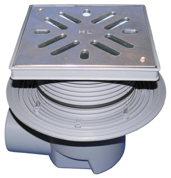 Perfektablauf DN110 waagrecht mit Dichtflansch und frostsicherer Geruchsklappe, 240x240mm / Edelstahlrost 226x226mm HL615S